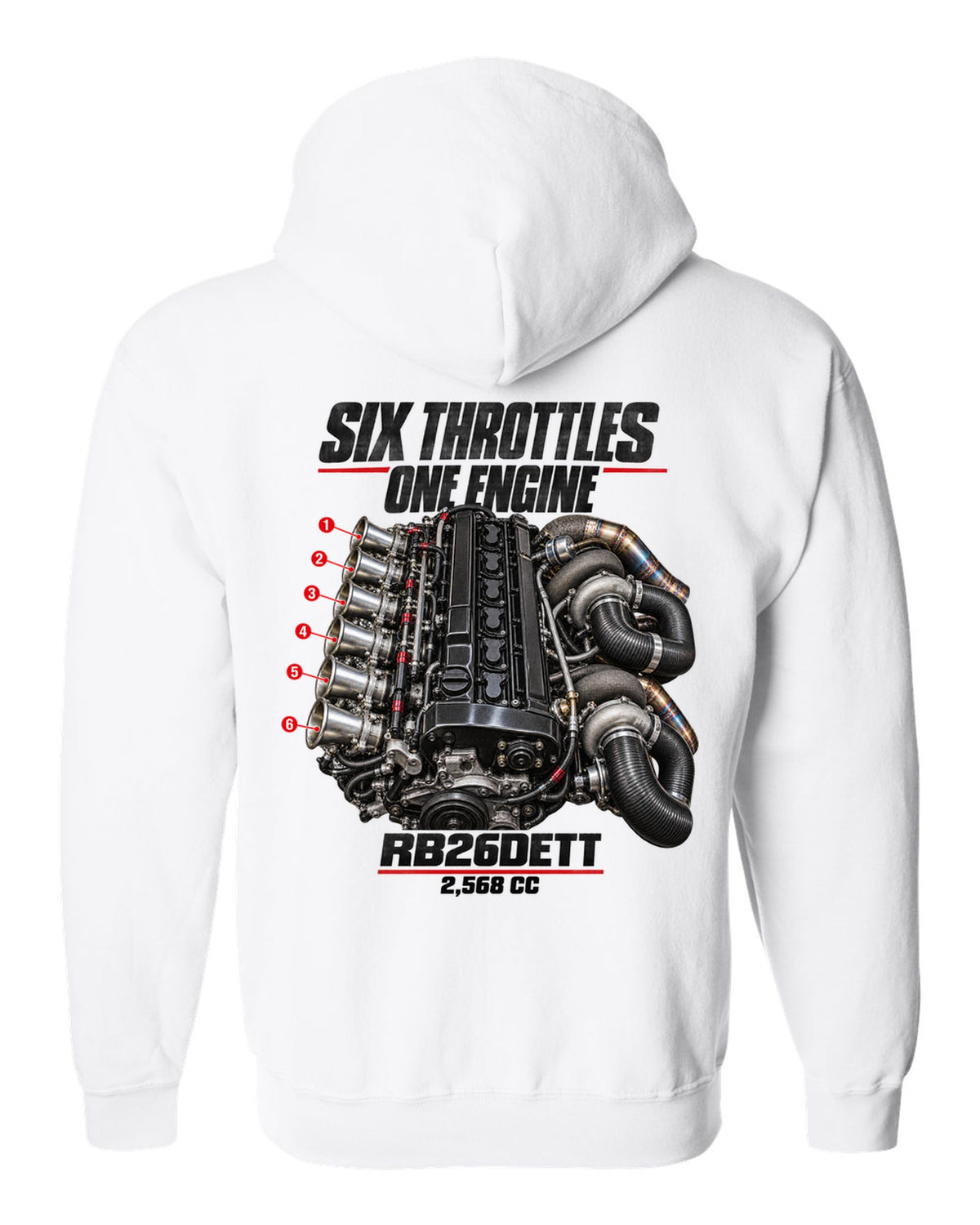 print of the RB26DETT six-throttle engine from the Nissan Skyline GT-R R32 white zip hoodie back view with the design