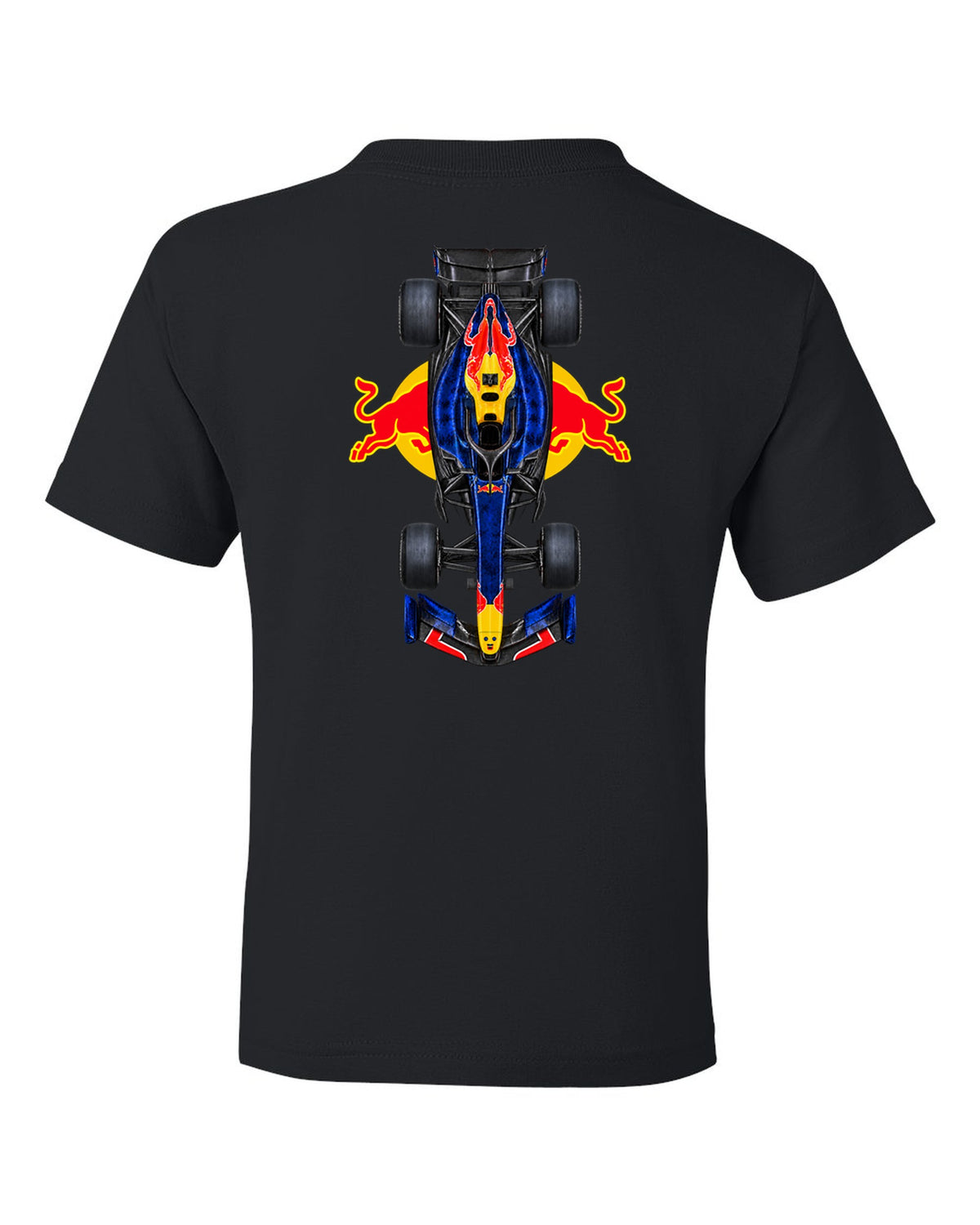 Red Bull RB22 Formula 1 overhead poster artwork black kids tee back view with the design