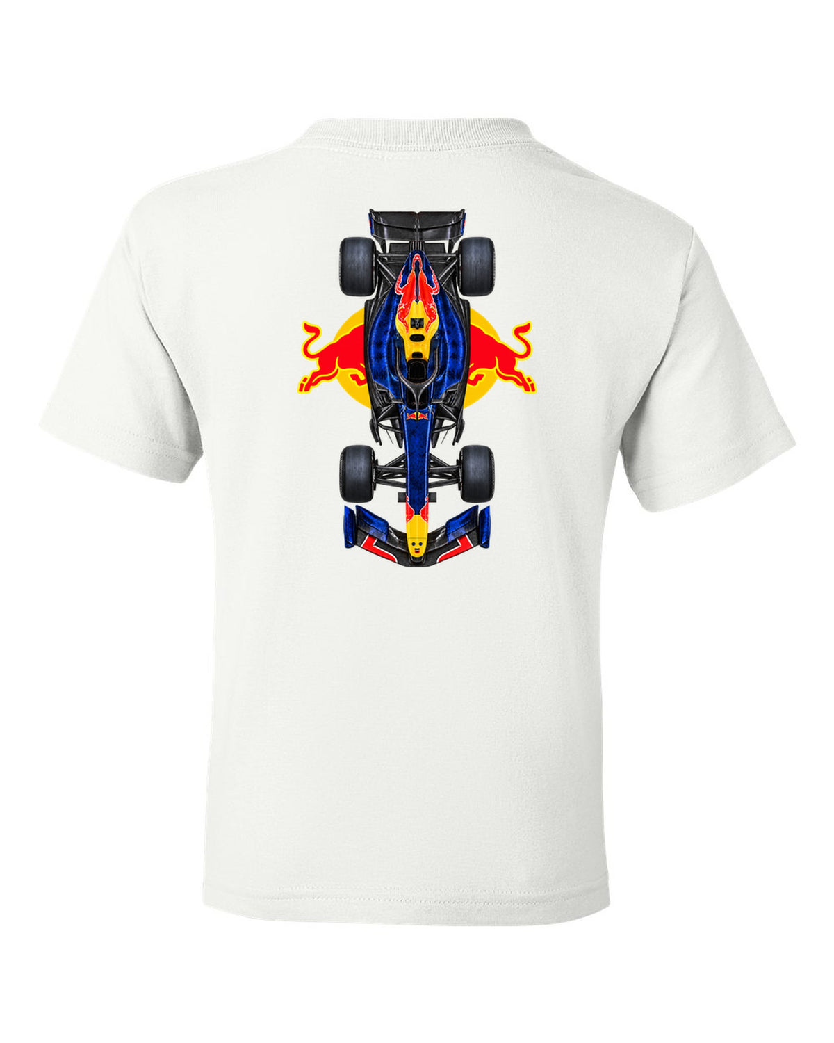 Red Bull RB22 Formula 1 overhead poster artwork white kids tee back view with the design