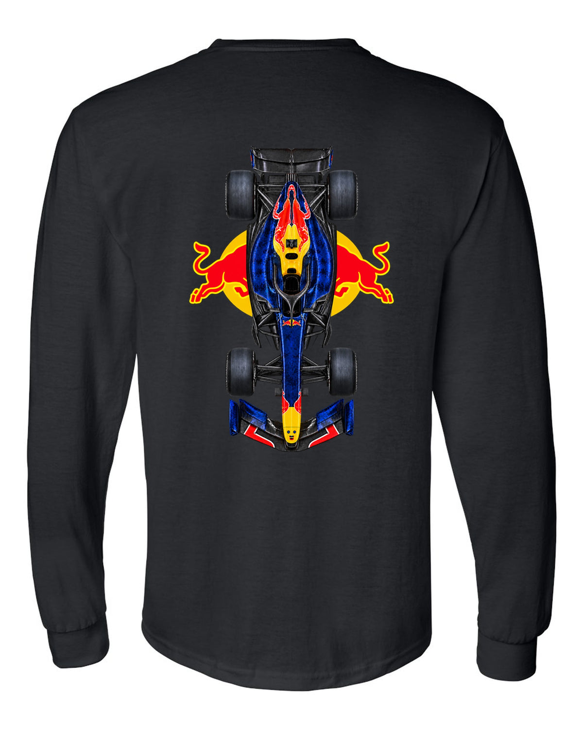 Red Bull RB22 Formula 1 overhead poster artwork black long sleeve back view with the design