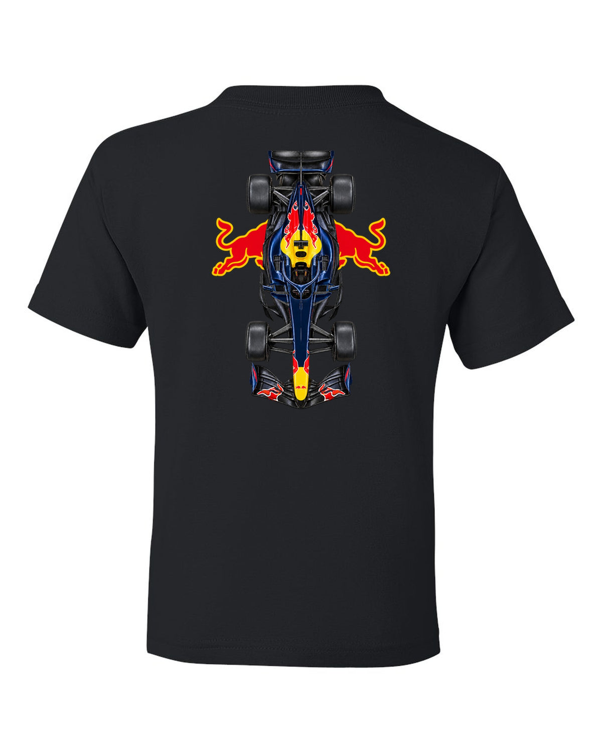 Red Bull RB22 Formula 1 overhead poster artwork black kids tee back view with the design