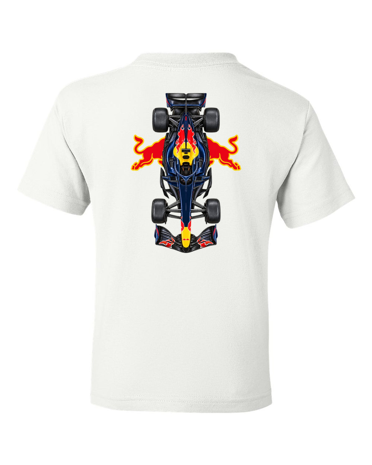 Red Bull RB22 Formula 1 overhead poster artwork white kids tee back view with the design
