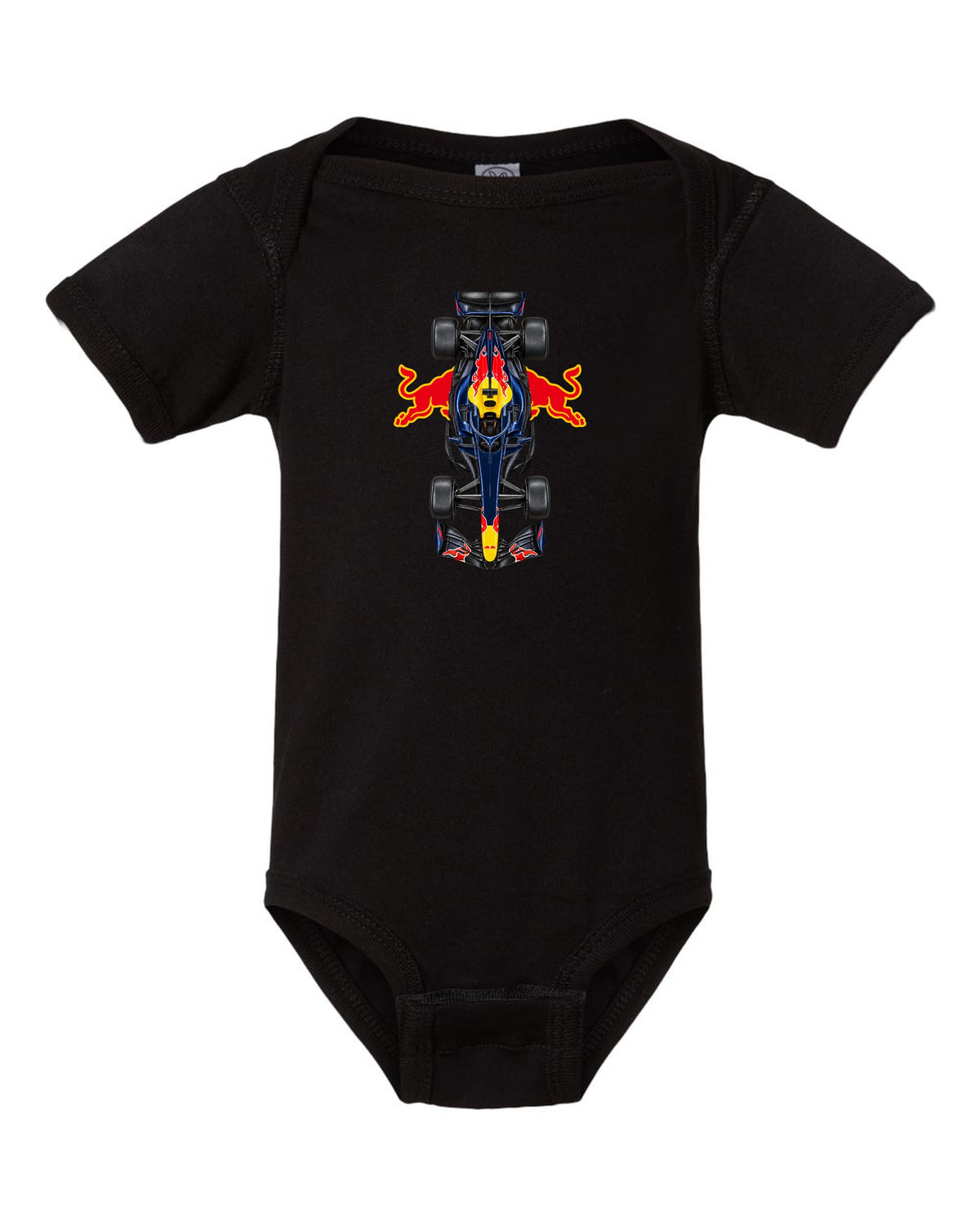 Red Bull RB22 Formula 1 overhead poster artwork black baby onesie front view with the design