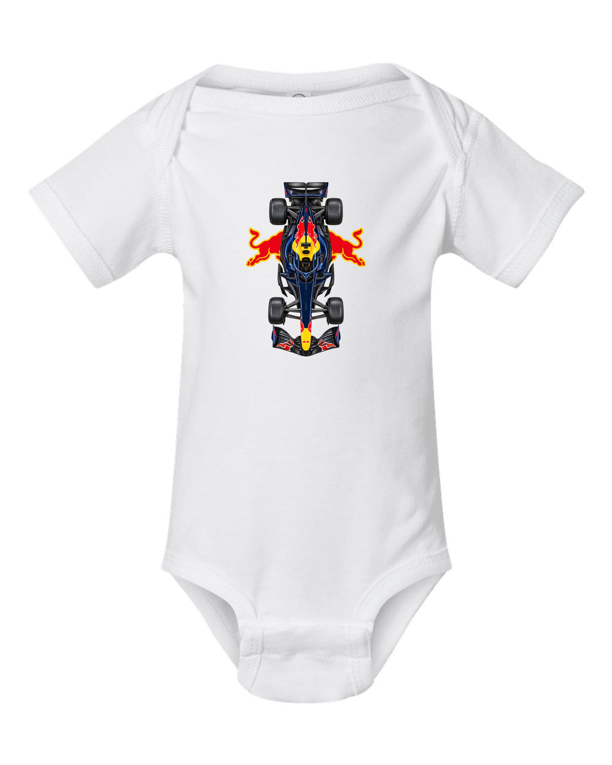 Red Bull RB22 Formula 1 overhead poster artwork white baby onesie front view with the design