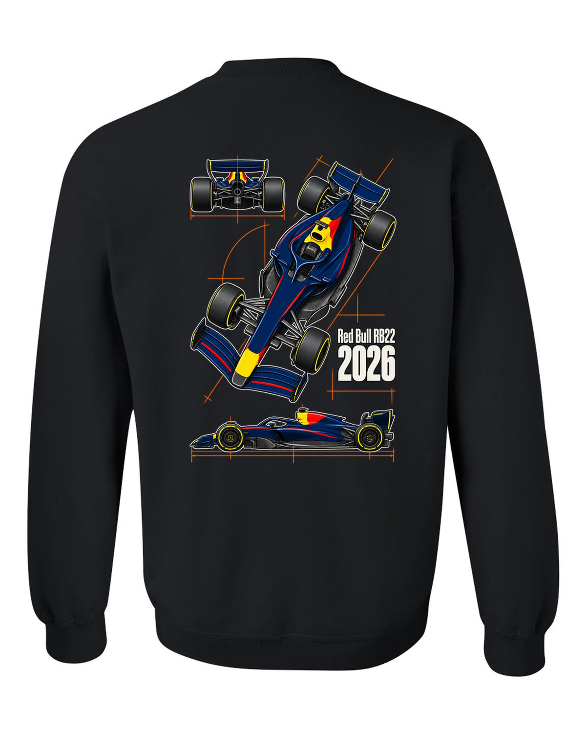 Red Bull RB22 2026 F1 car technical poster artwork black crewneck back view with the design