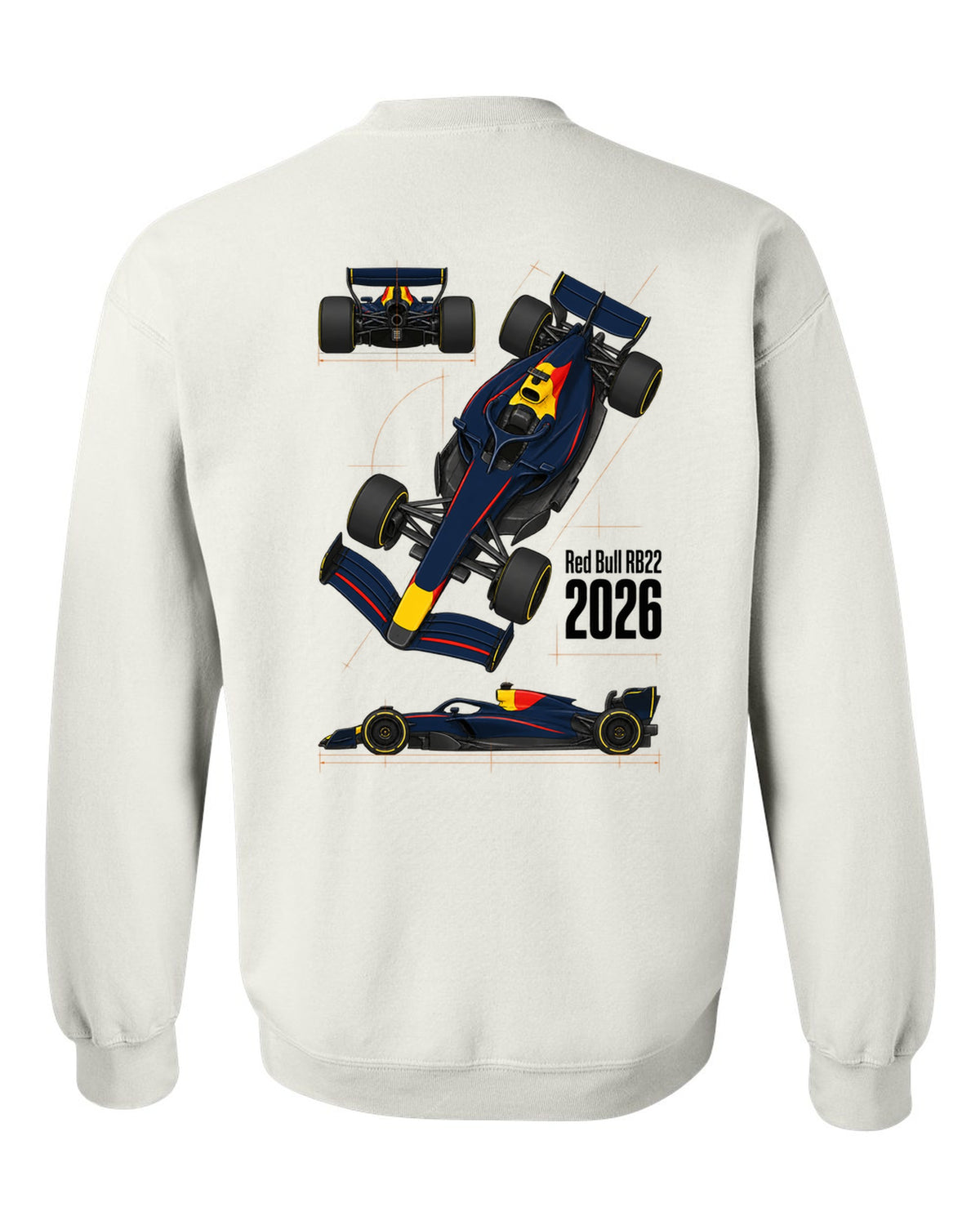 Red Bull RB22 2026 F1 car technical poster artwork white crewneck back view with the design