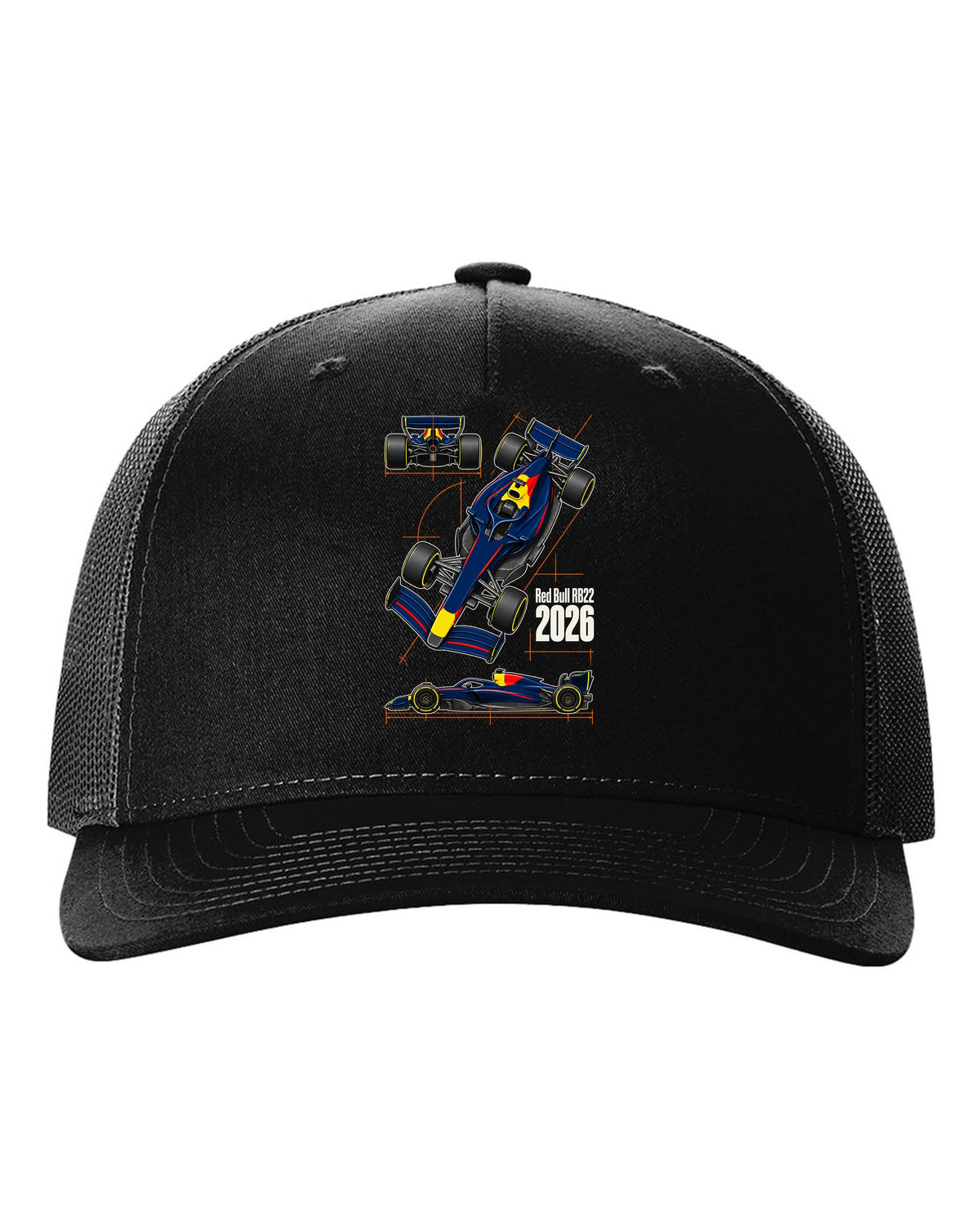 Red Bull RB22 2026 F1 car technical poster artwork black hat front view with the design