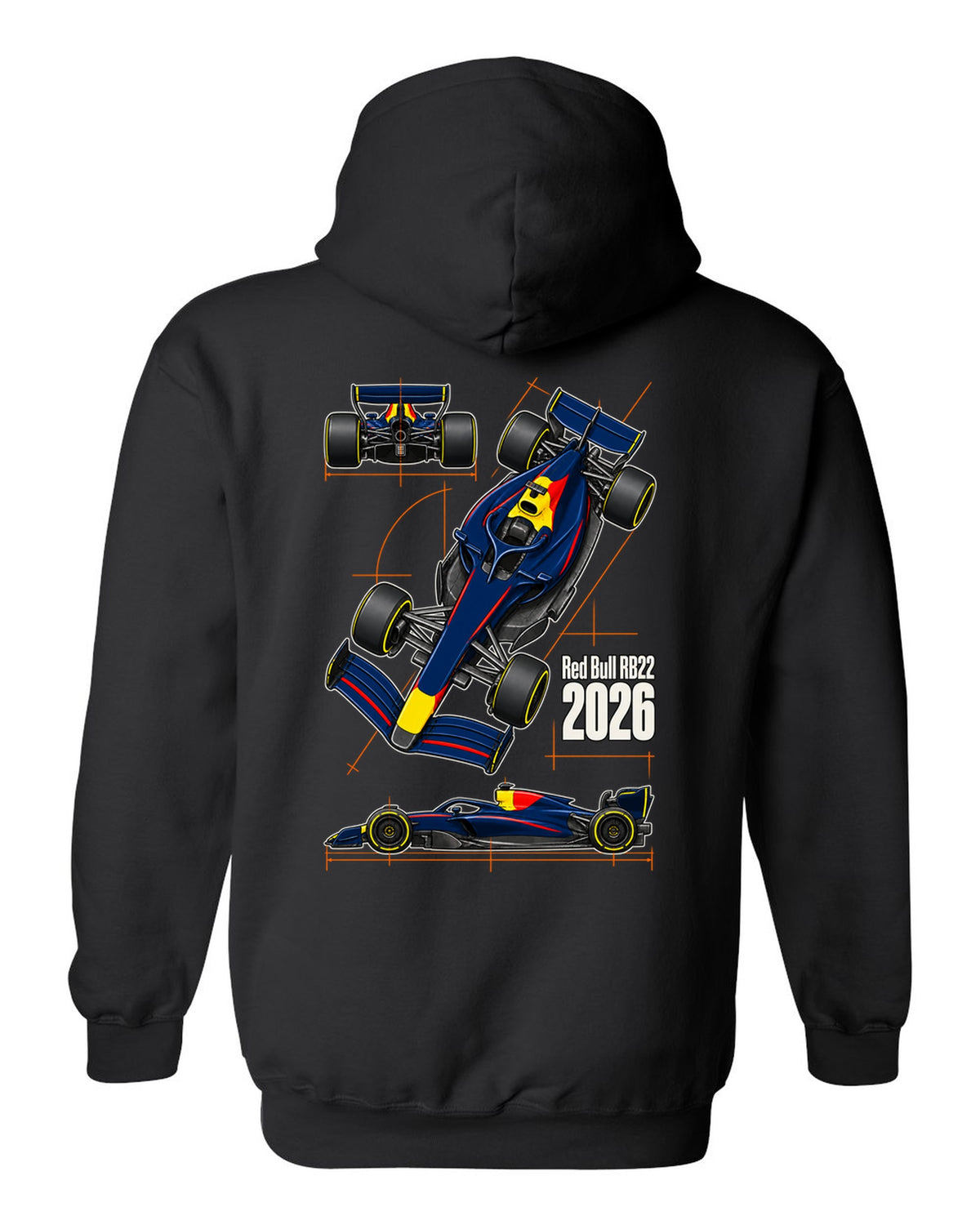 Red Bull RB22 2026 F1 car technical poster artwork black pull over hoodie back view with the design