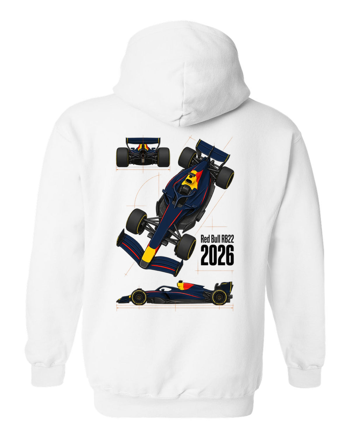 Red Bull RB22 2026 F1 car technical poster artwork white pull over hoodie back view with the design