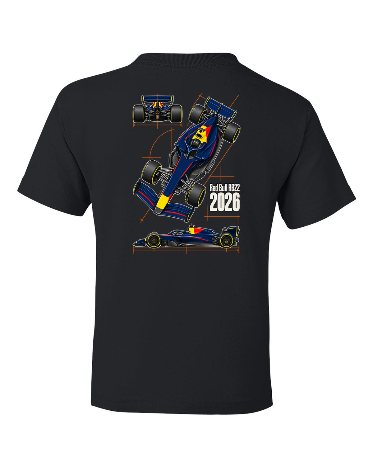 Red Bull RB22 2026 F1 car technical poster artwork black kids tee back view with the design