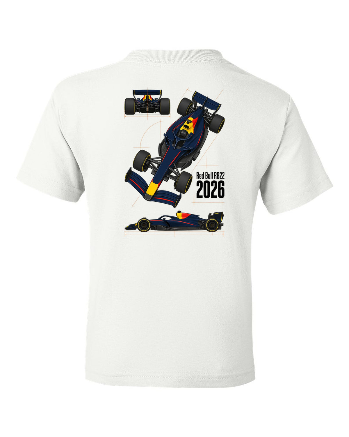 Red Bull RB22 2026 F1 car technical poster artwork white kids tee back view with the design