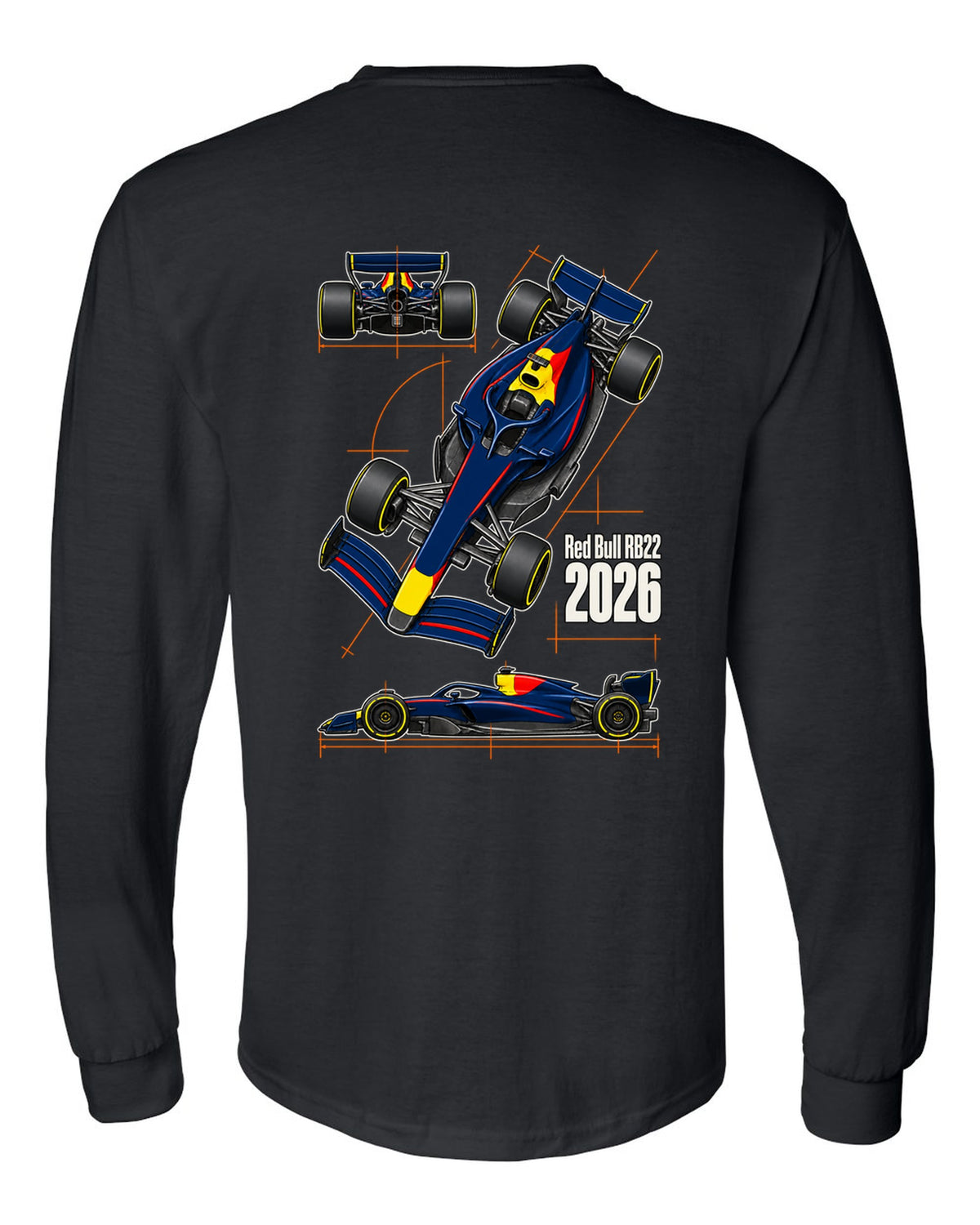 Red Bull RB22 2026 F1 car technical poster artwork black long sleeve back view with the design