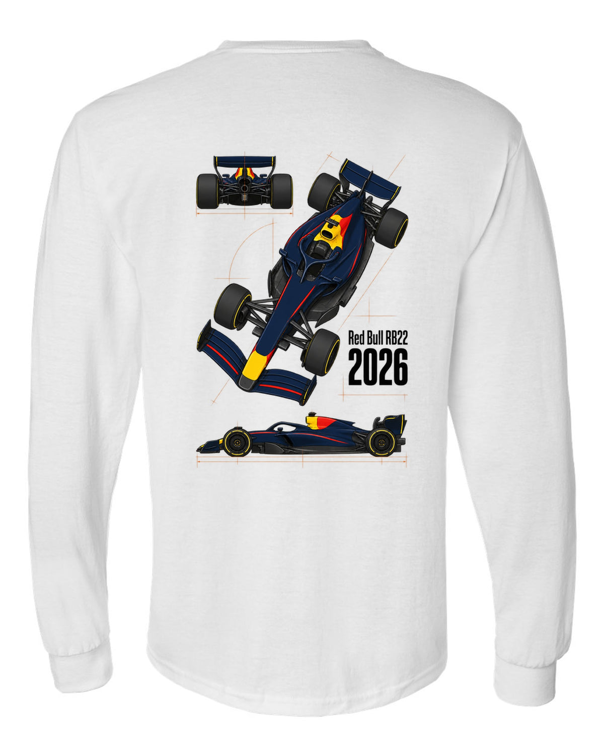 Red Bull RB22 2026 F1 car technical poster artwork white long sleeve back view with the design