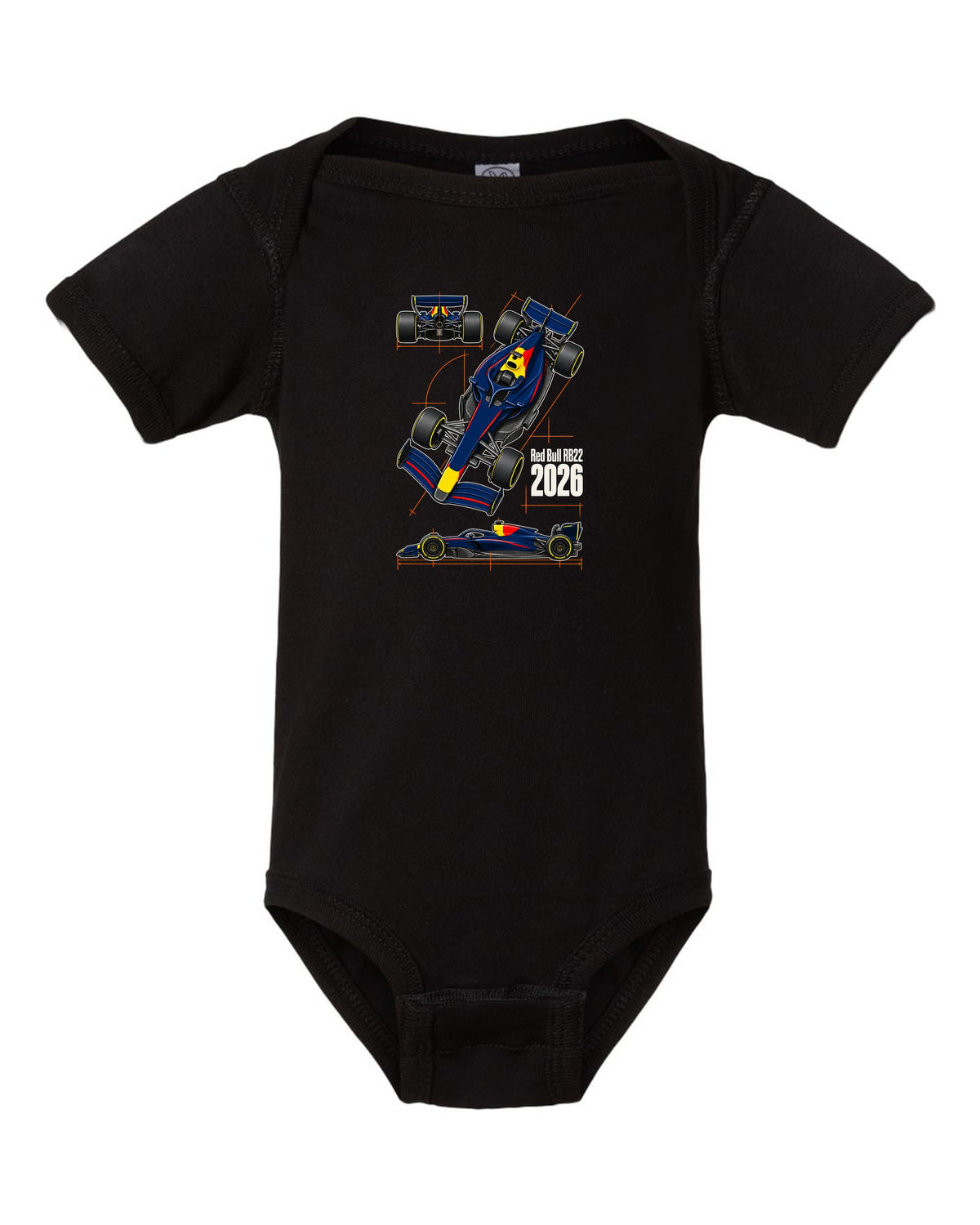 Red Bull RB22 2026 F1 car technical poster artwork black baby onesie front view with the design