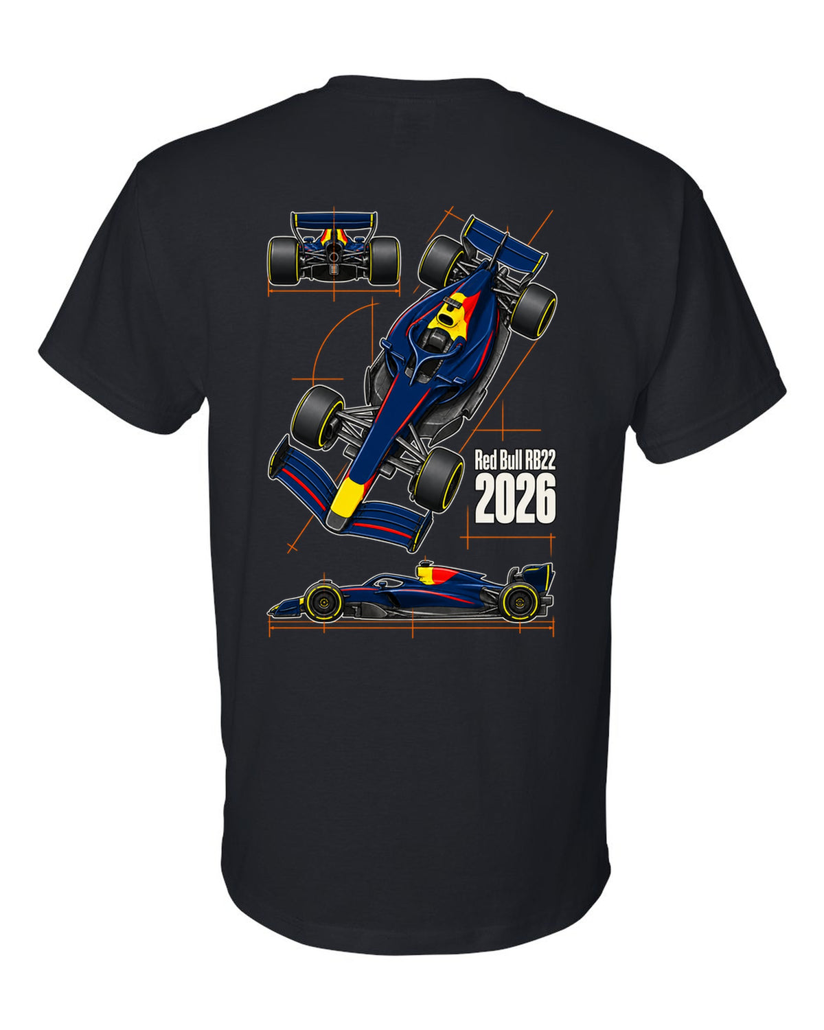 Red Bull RB22 2026 F1 car technical poster artwork black t-shirt back view with the design