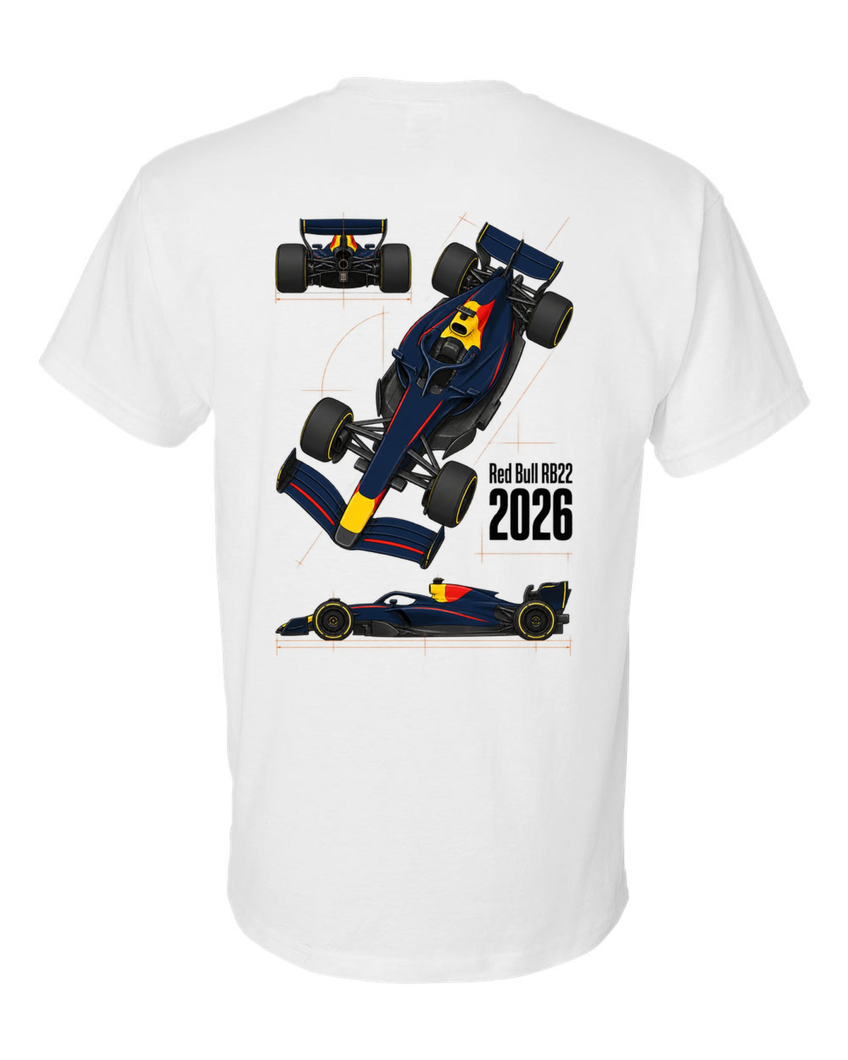Red Bull RB22 2026 F1 car technical poster artwork white t-shirt back view with the design