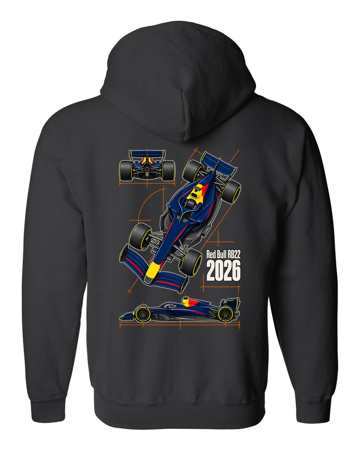 Red Bull RB22 2026 F1 car technical poster artwork black zip hoodie back view with the design