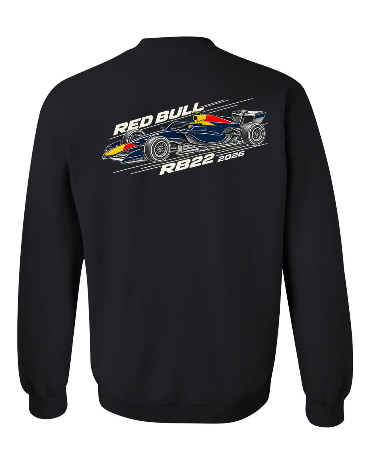 Red Bull RB22 2026 F1 car technical poster artwork black crewneck back view with the design