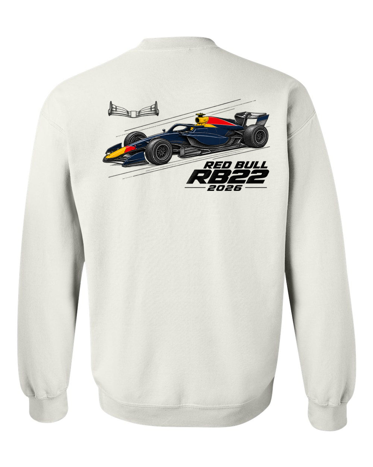 Red Bull RB22 2026 F1 car technical poster artwork white crewneck back view with the design