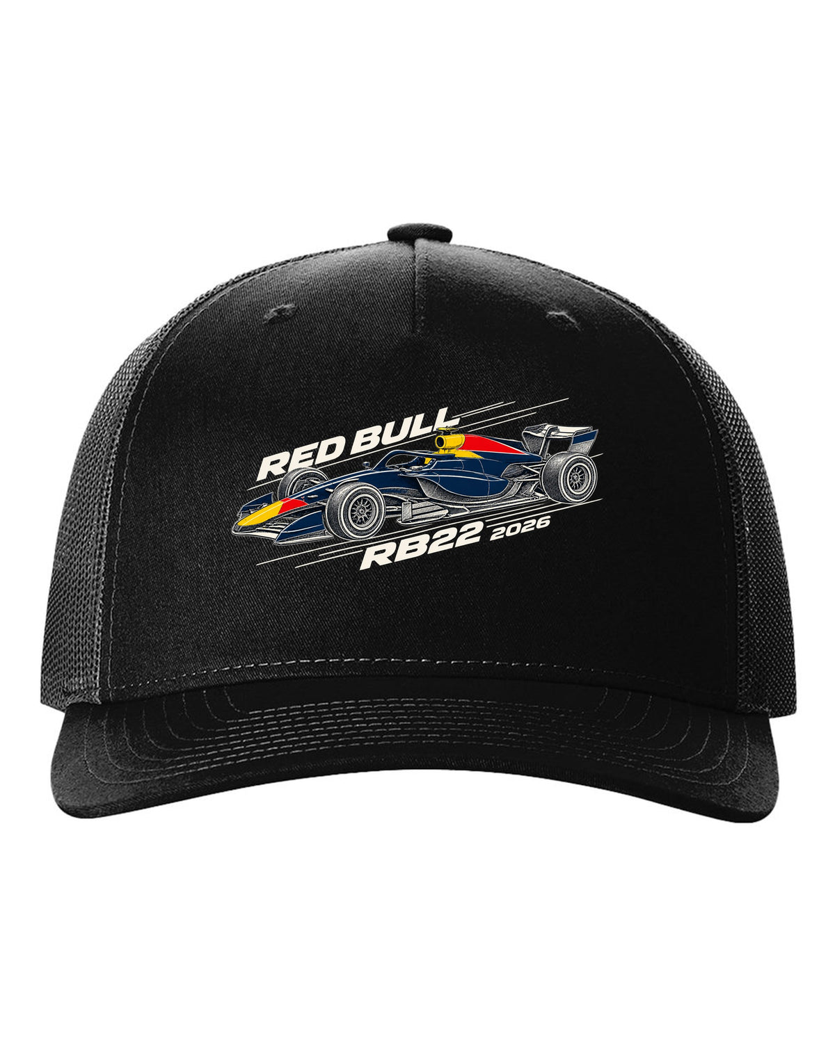 Red Bull RB22 2026 F1 car technical poster artwork black hat front view with the design