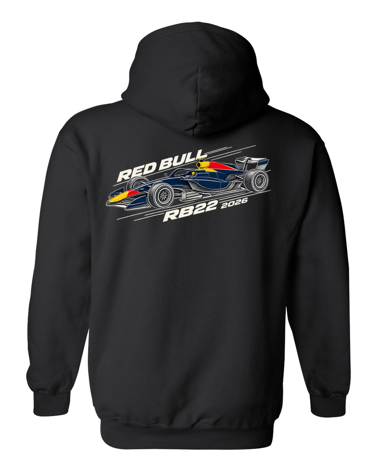 Red Bull RB22 2026 F1 car technical poster artwork black pull over hoodie back view with the design