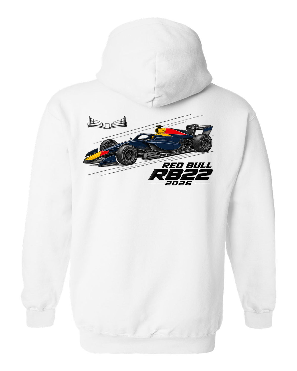 Red Bull RB22 2026 F1 car technical poster artwork white pull over hoodie back view with the design