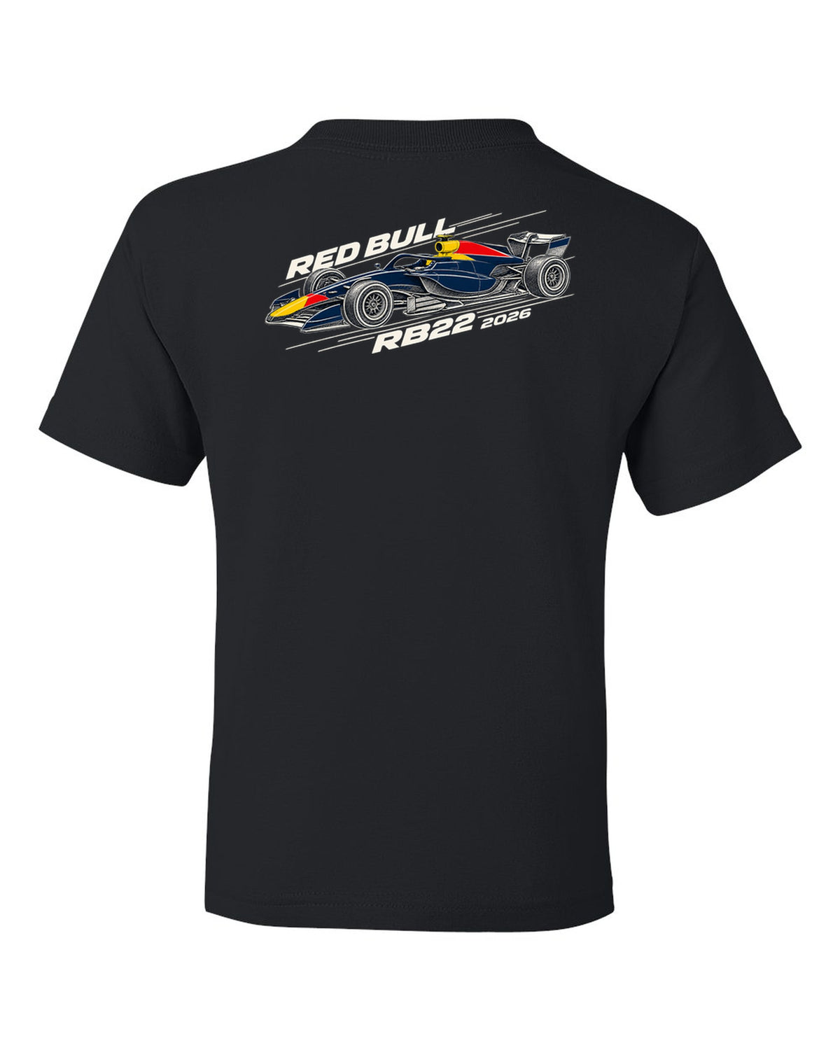 Red Bull RB22 2026 F1 car technical poster artwork black kids tee back view with the design