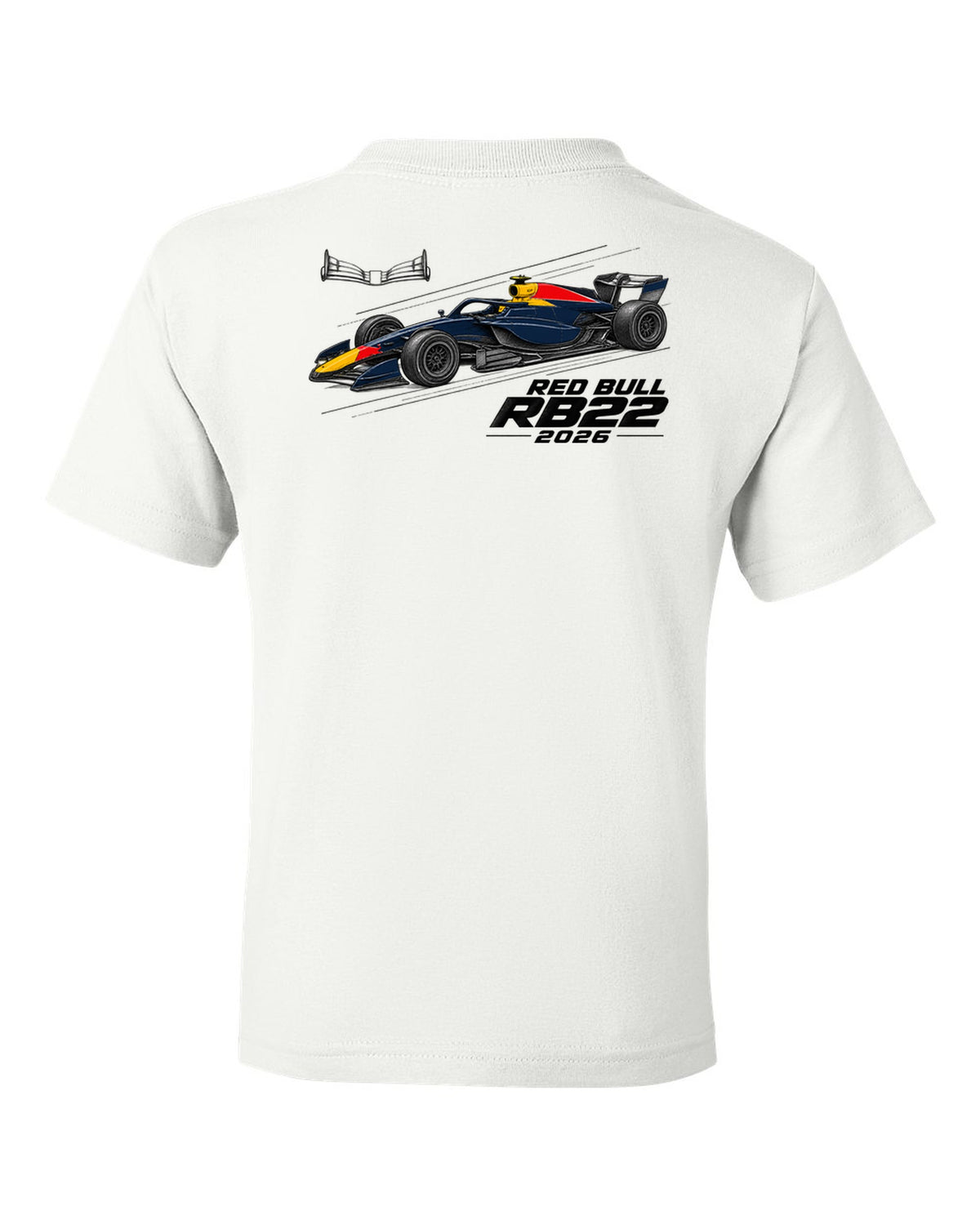Red Bull RB22 2026 F1 car technical poster artwork white kids tee back view with the design