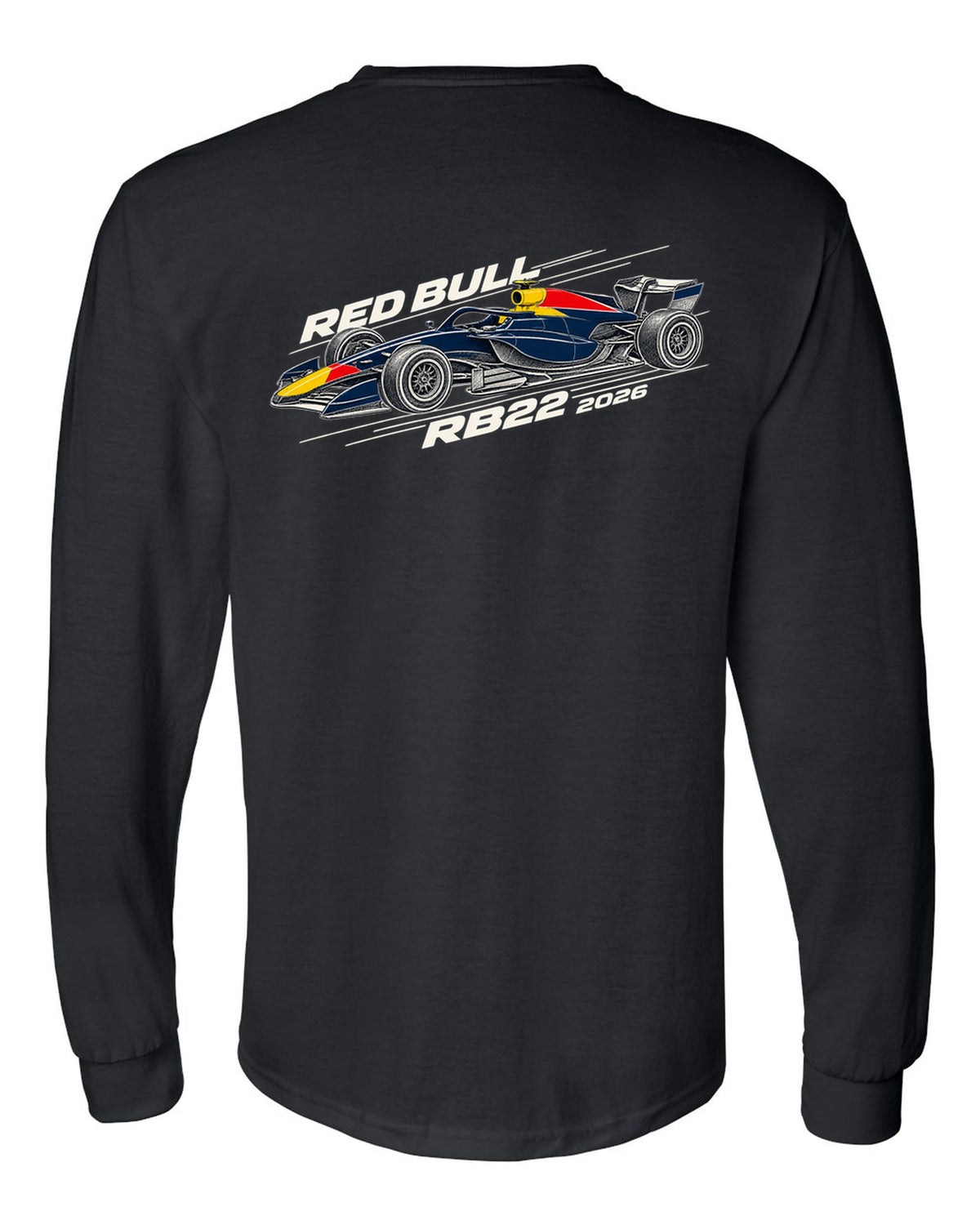 Red Bull RB22 2026 F1 car technical poster artwork black long sleeve back view with the design