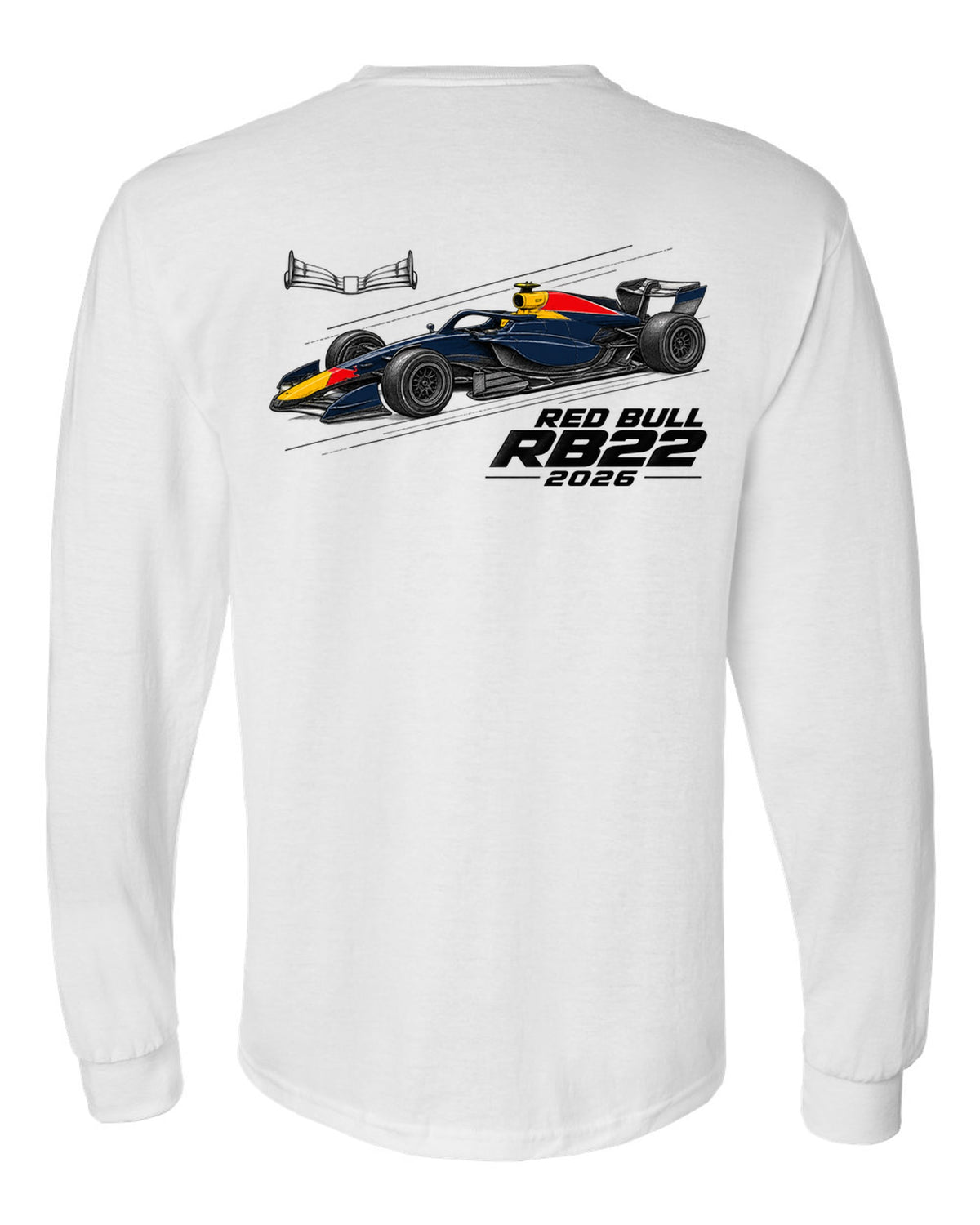 Red Bull RB22 2026 F1 car technical poster artwork white long sleeve back view with the design