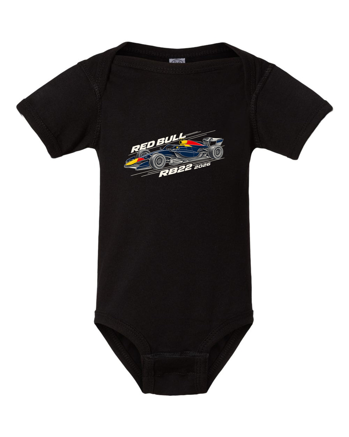 Red Bull RB22 2026 F1 car technical poster artwork black baby onesie front view with the design