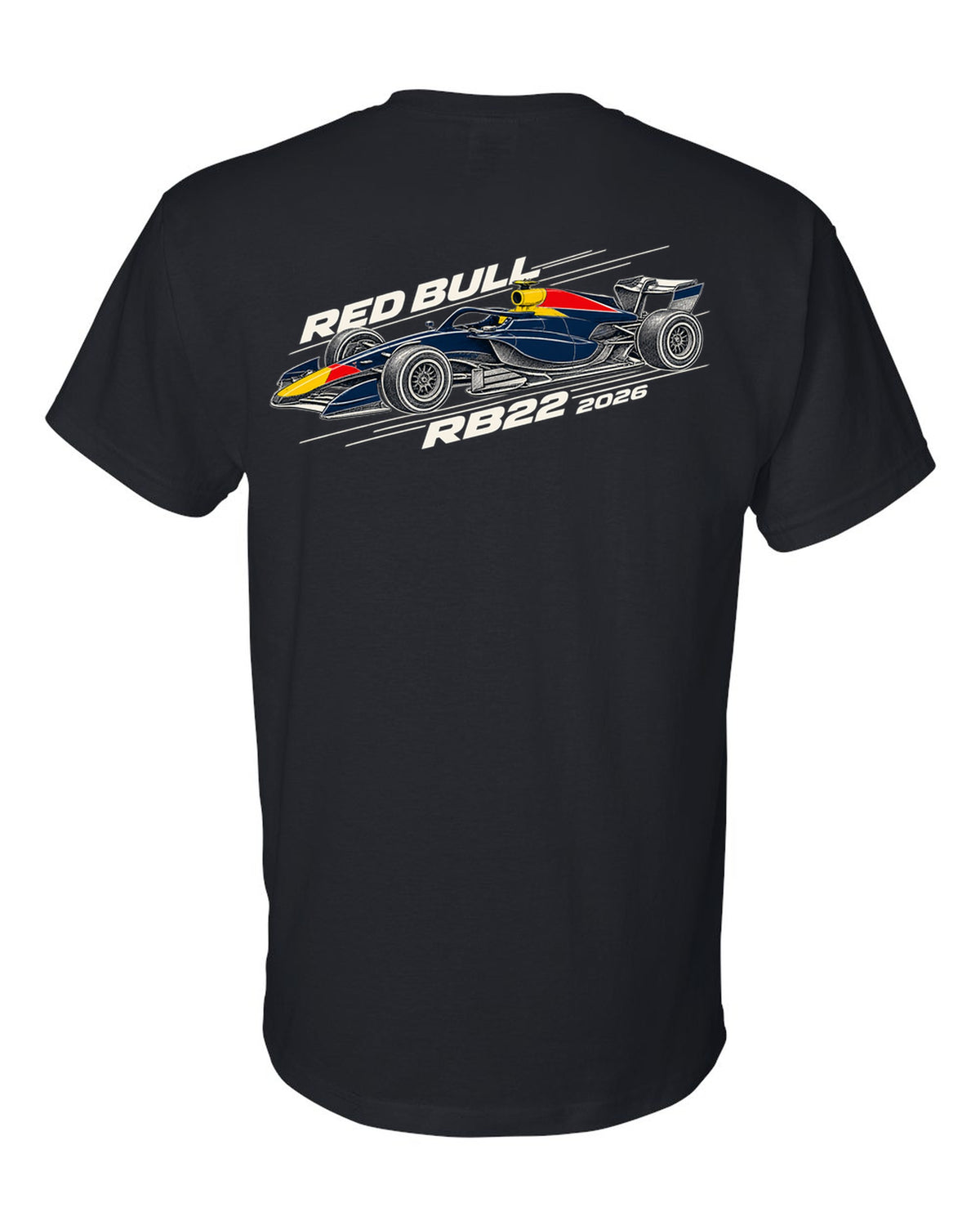 Red Bull RB22 2026 F1 car technical poster artwork black t-shirt back view with the design