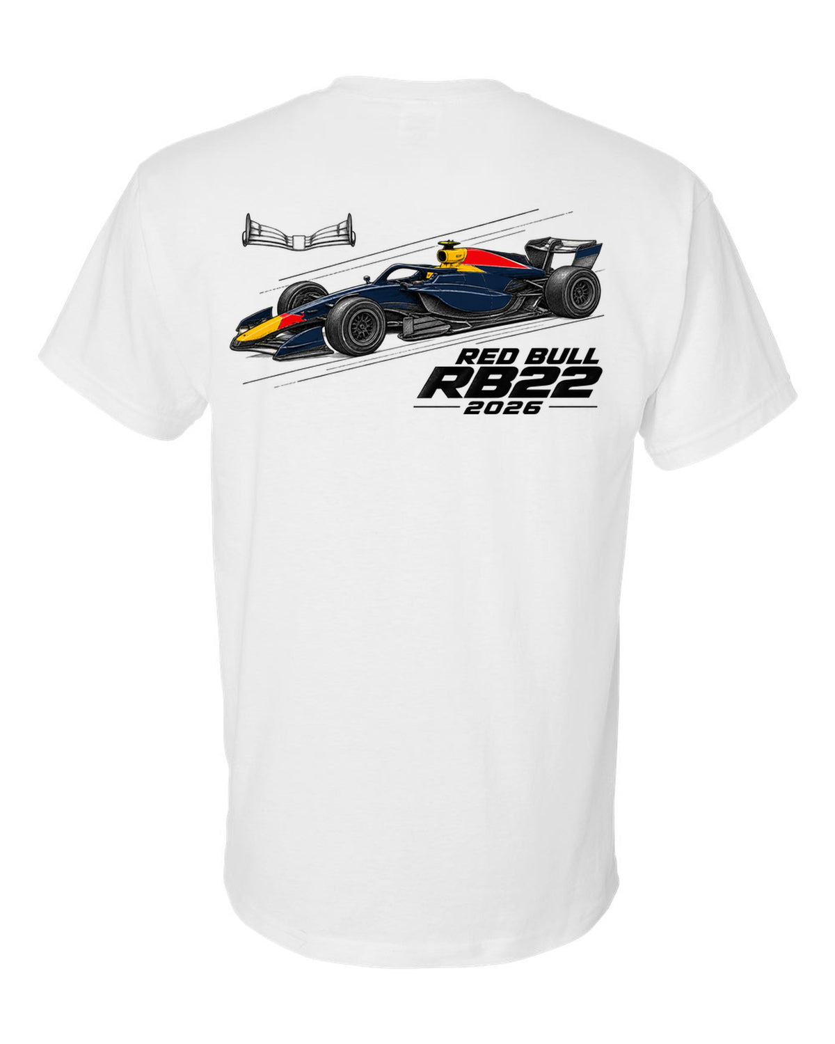 Red Bull RB22 2026 F1 car technical poster artwork white t-shirt back view with the design