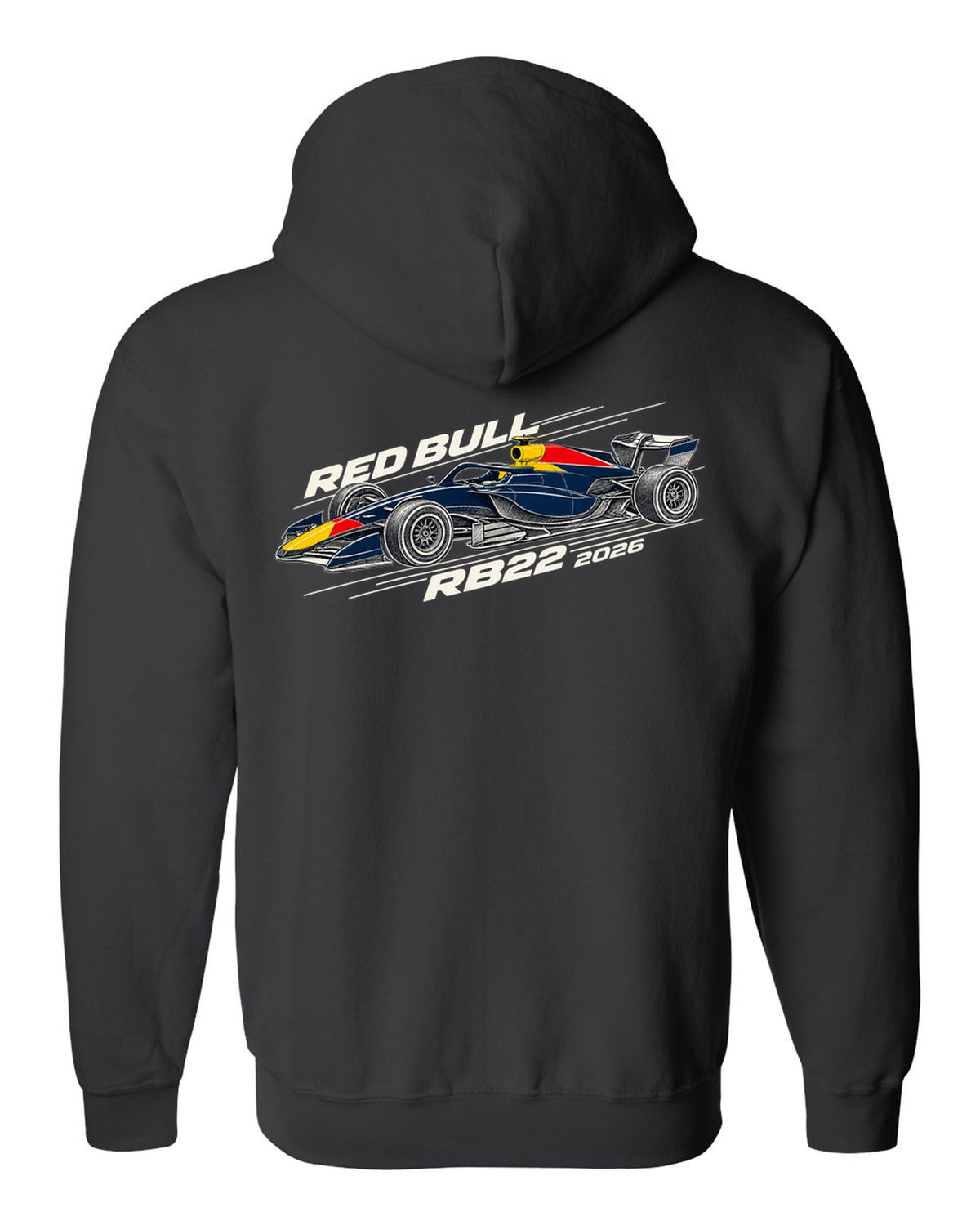 Red Bull RB22 2026 F1 car technical poster artwork black zip hoodie back view with the design