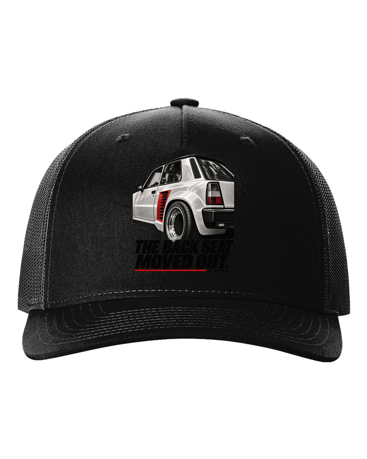 Renault 5 Turbo rear detail macro print with back seat caption black hat front view with the design