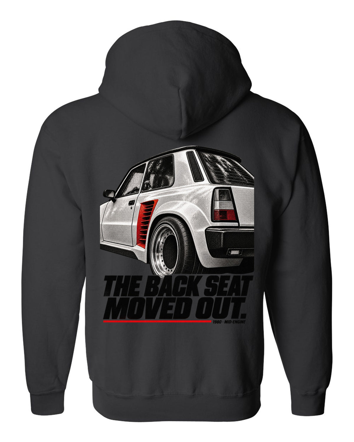 Renault 5 Turbo rear detail macro print with back seat caption black zip hoodie back view with the design