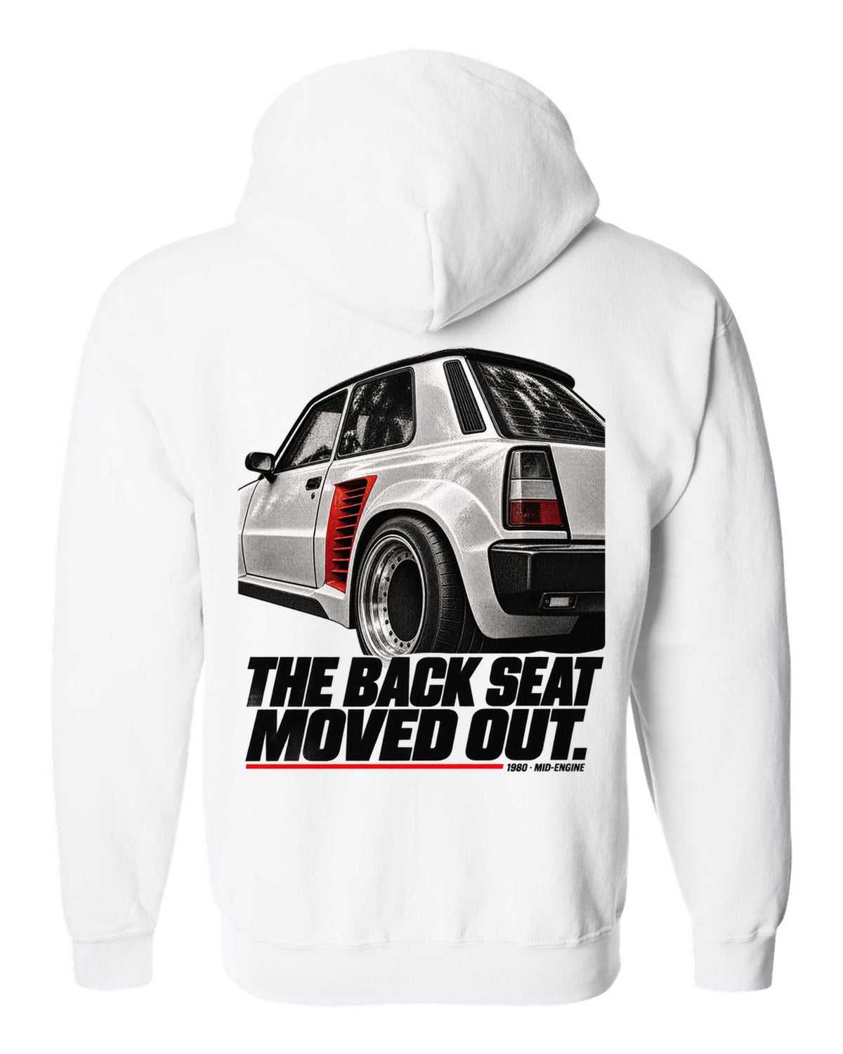 Renault 5 Turbo rear detail macro print with back seat caption white zip hoodie back view with the design