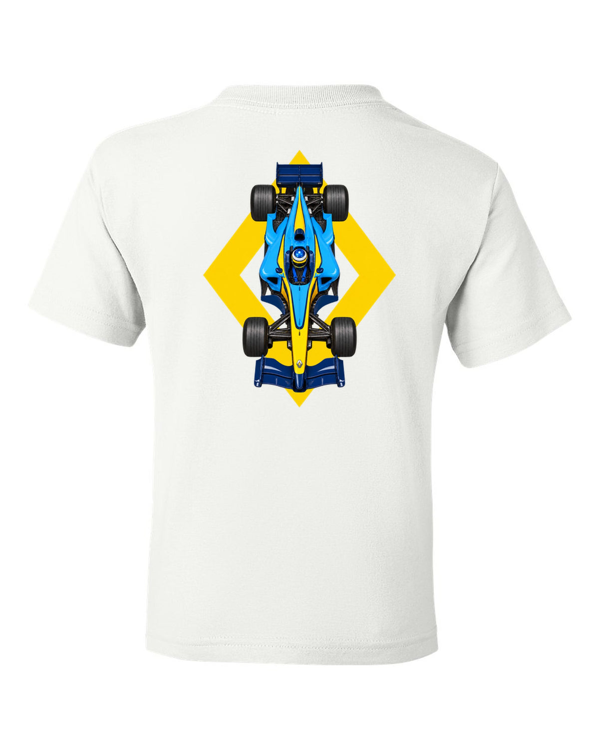 Renault R25 2005 Formula 1 overhead poster artwork white kids tee back view with the design