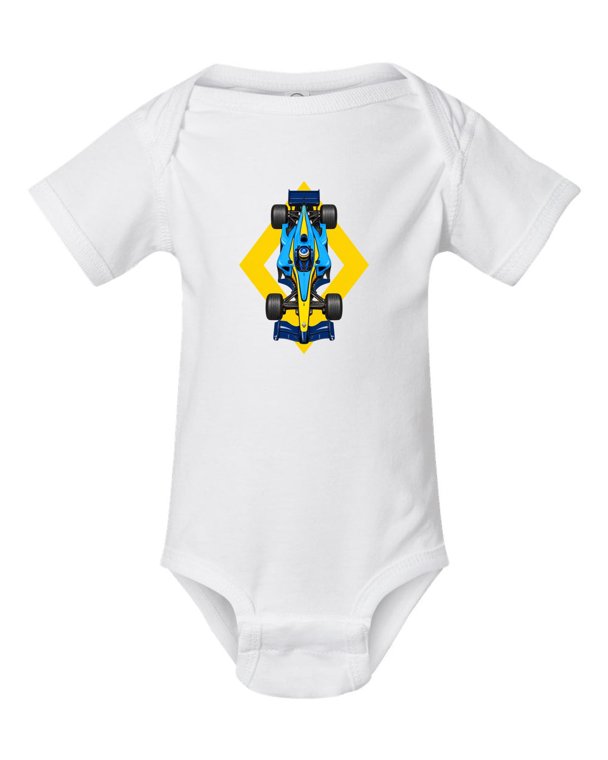 Renault R25 2005 Formula 1 overhead poster artwork white baby onesie front view with the design