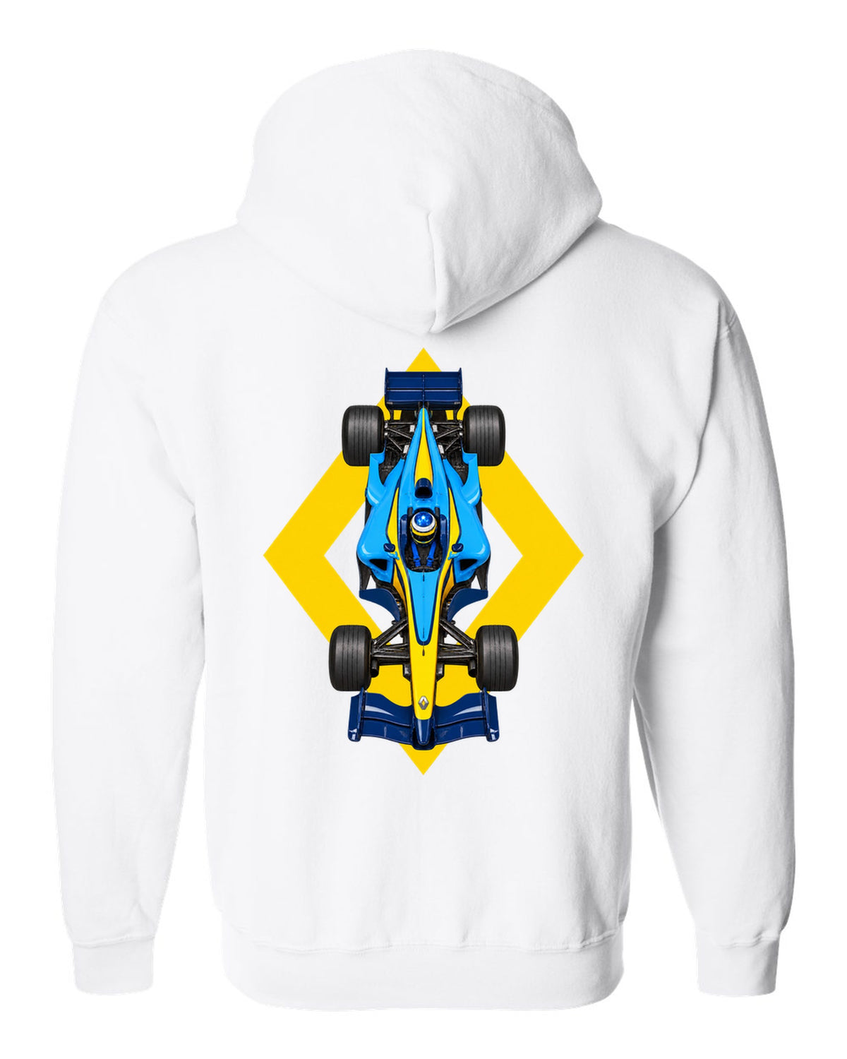 Renault R25 2005 Formula 1 overhead poster artwork white zip hoodie back view with the design