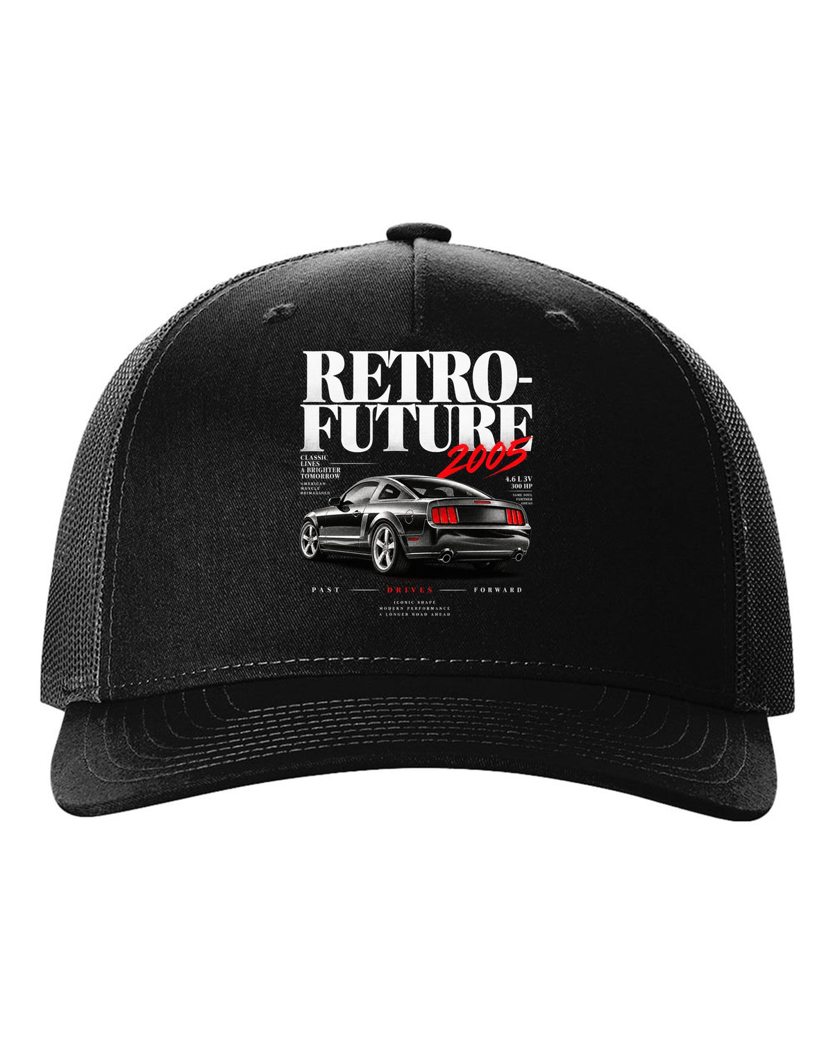Editorial headline print of a 2005-09 Ford Mustang S197 GT black hat front view with the design