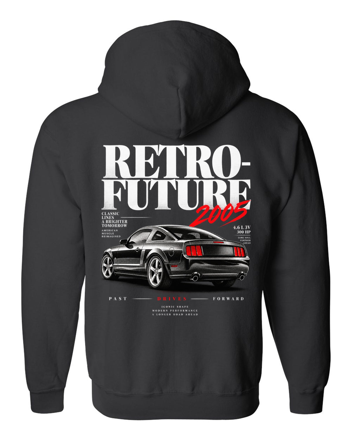 Editorial headline print of a 2005-09 Ford Mustang S197 GT black zip hoodie back view with the design