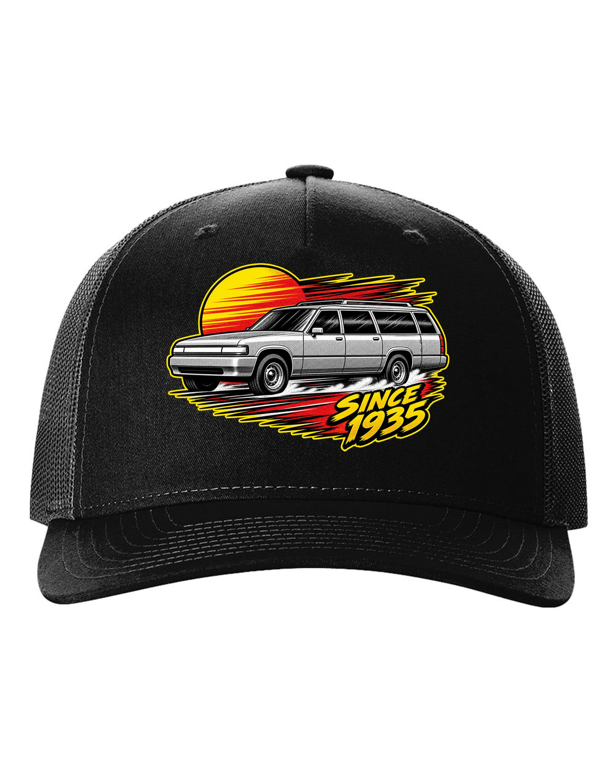 Retro manga halftone panel print of a 1992-1999 Chevrolet Suburban GMT400 with Since 1935 text black hat front view with the design