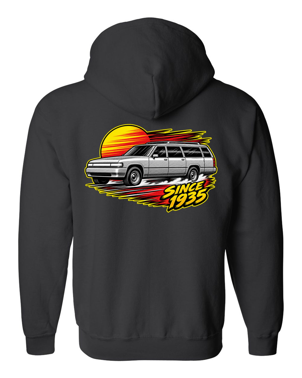 Retro manga halftone panel print of a 1992-1999 Chevrolet Suburban GMT400 with Since 1935 text black zip hoodie back view with the design