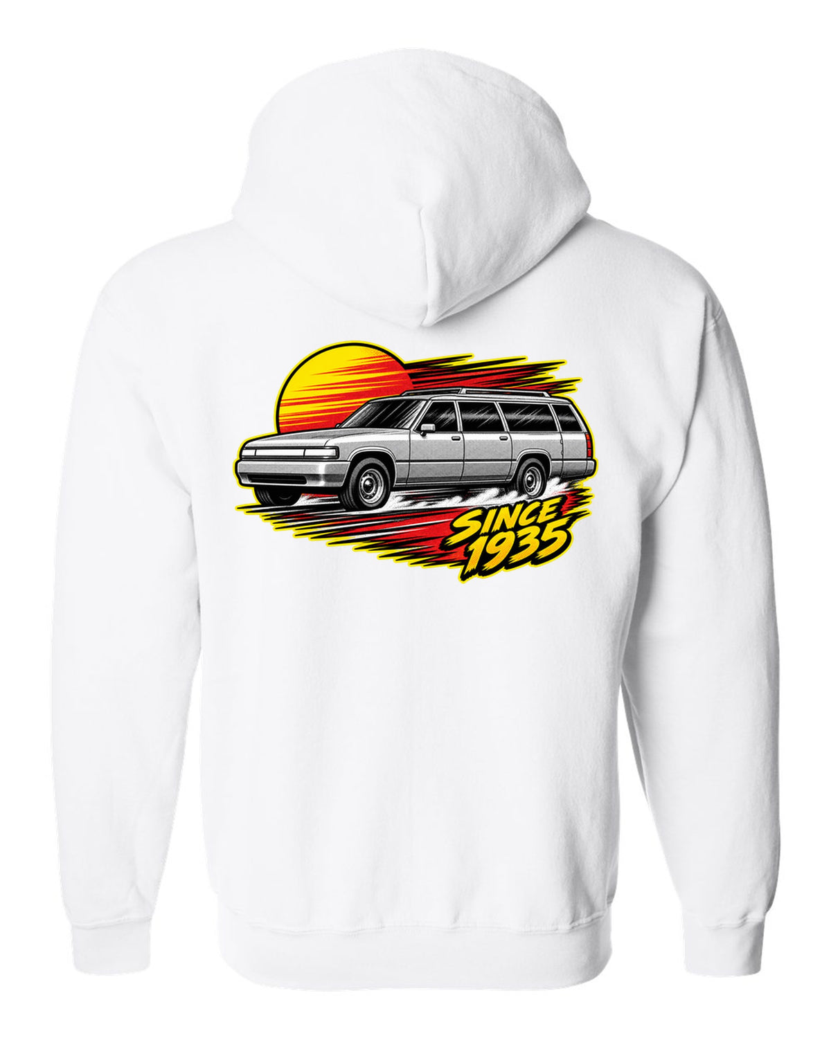 Retro manga halftone panel print of a 1992-1999 Chevrolet Suburban GMT400 with Since 1935 text white zip hoodie back view with the design