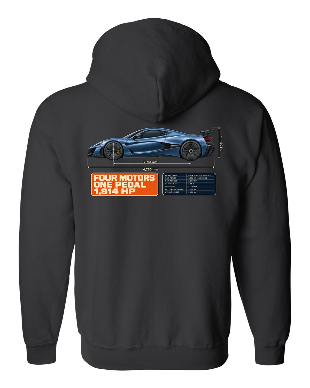 Rimac Nevera 2021 dimension blueprint print with four motors one pedal 1,914 hp text black zip hoodie back view with the design