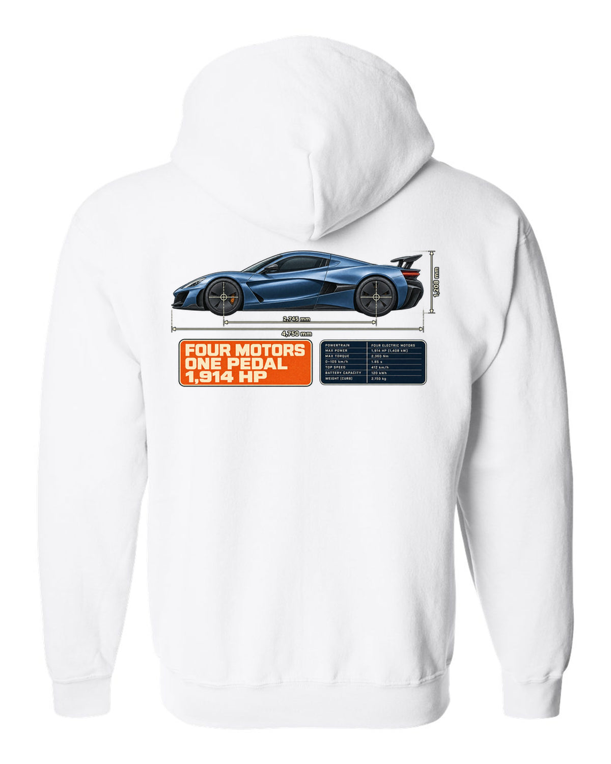 Rimac Nevera 2021 dimension blueprint print with four motors one pedal 1,914 hp text white zip hoodie back view with the design