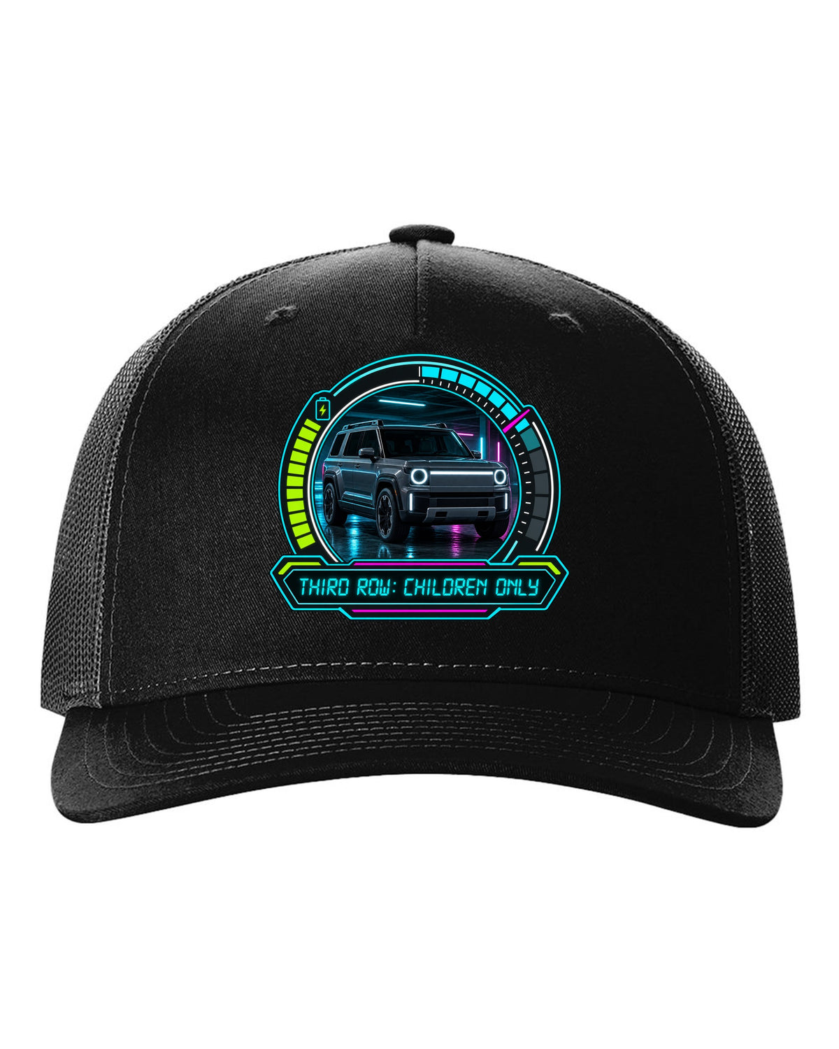Rivian R1S dashboard gauge cluster HUD print with the text third row children only black hat front view with the design