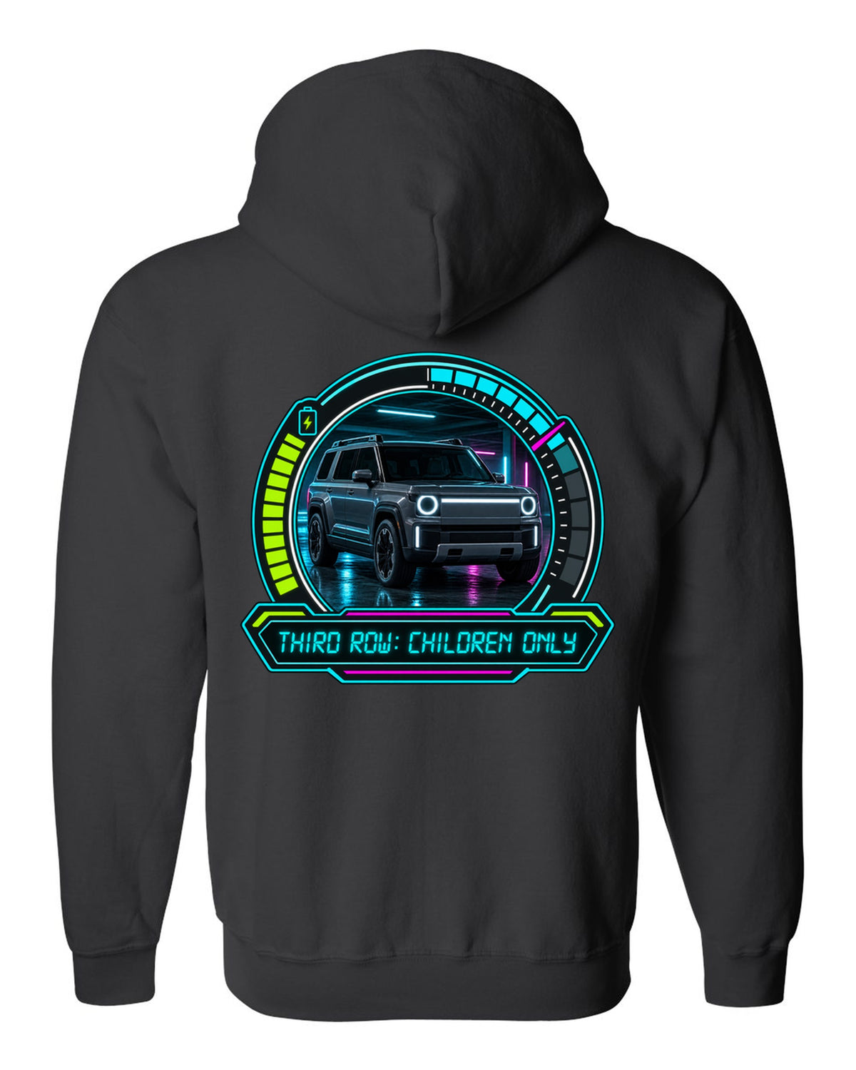 Rivian R1S dashboard gauge cluster HUD print with the text third row children only black zip hoodie back view with the design
