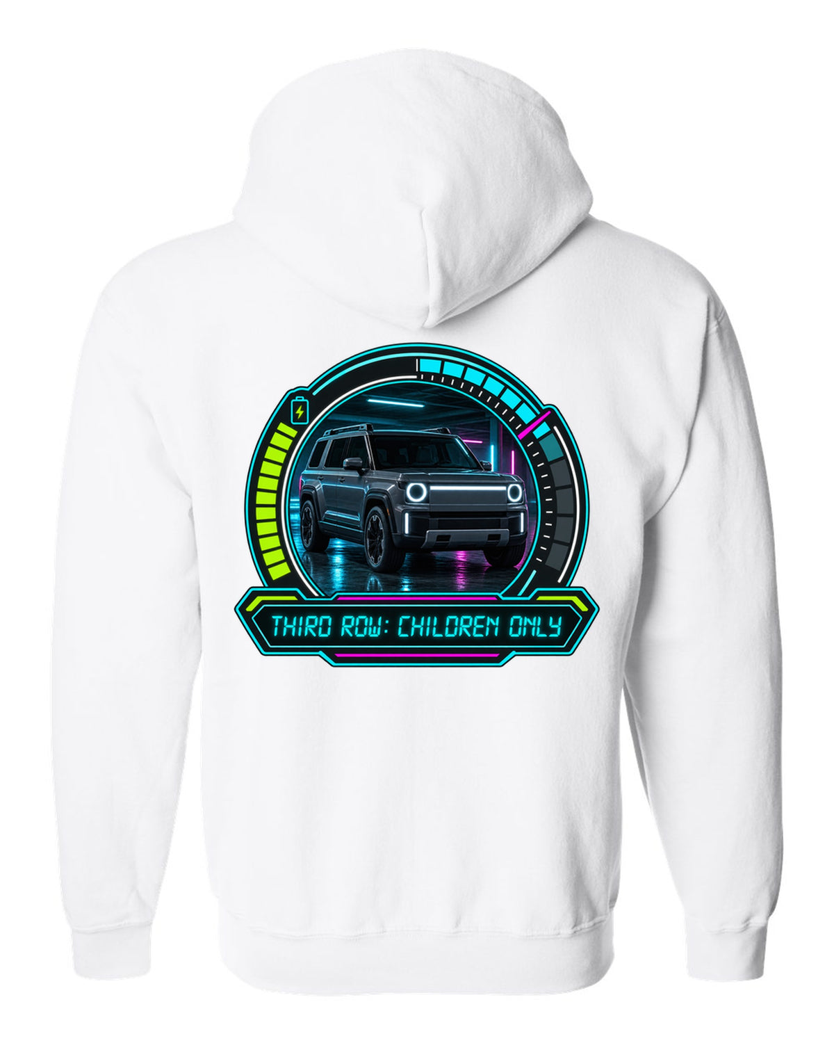 Rivian R1S dashboard gauge cluster HUD print with the text third row children only white zip hoodie back view with the design